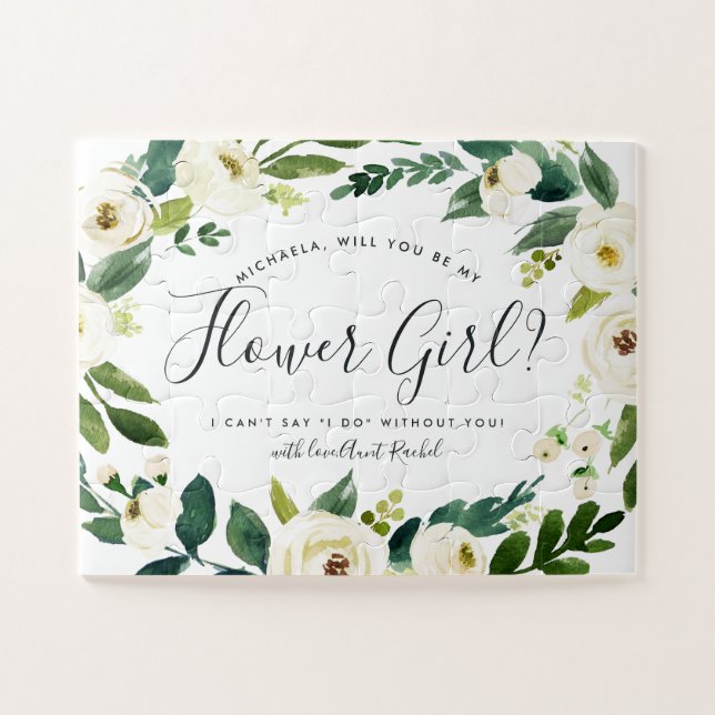 Alabaster Floral | Personalized Be My Flower Girl Jigsaw Puzzle (Horizontal)