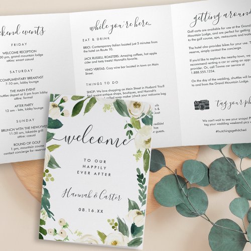 Alabaster Floral Wedding Welcome Letter Itinerary Tri_Fold Program