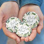 Alabaster Floral Wreath Bridesmaid Pinback Button<br><div class="desc">Identify the key players at your bridal shower with our elegant,  sweetly chic floral buttons. Button features a green and white watercolor floral wreath with "bridesmaid" inscribed inside in hand lettered script.</div>