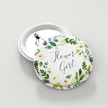 Alabaster Floral Wreath Flower Girl Pinback Button<br><div class="desc">Identify the key players at your bridal shower with our elegant,  sweetly chic floral buttons. Button features a green and white watercolor floral wreath with "flower girl" inscribed inside in hand lettered script.</div>