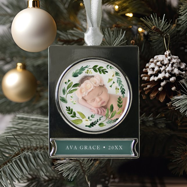 Alabaster Floral Wreath Photo Silver Plated Banner Ornament (Creator Uploaded)