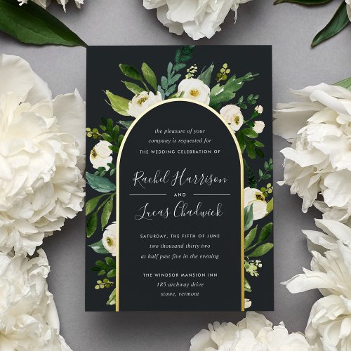 Alabaster  Green  White Floral Arch Wedding Foil Invitation