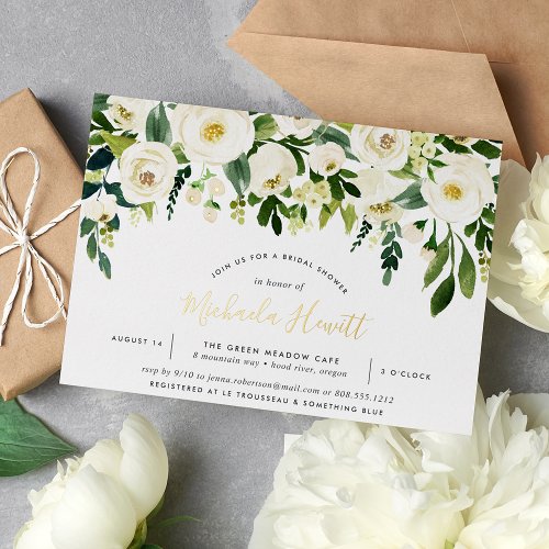 Alabaster Green  White Floral Bridal Shower Foil Invitation