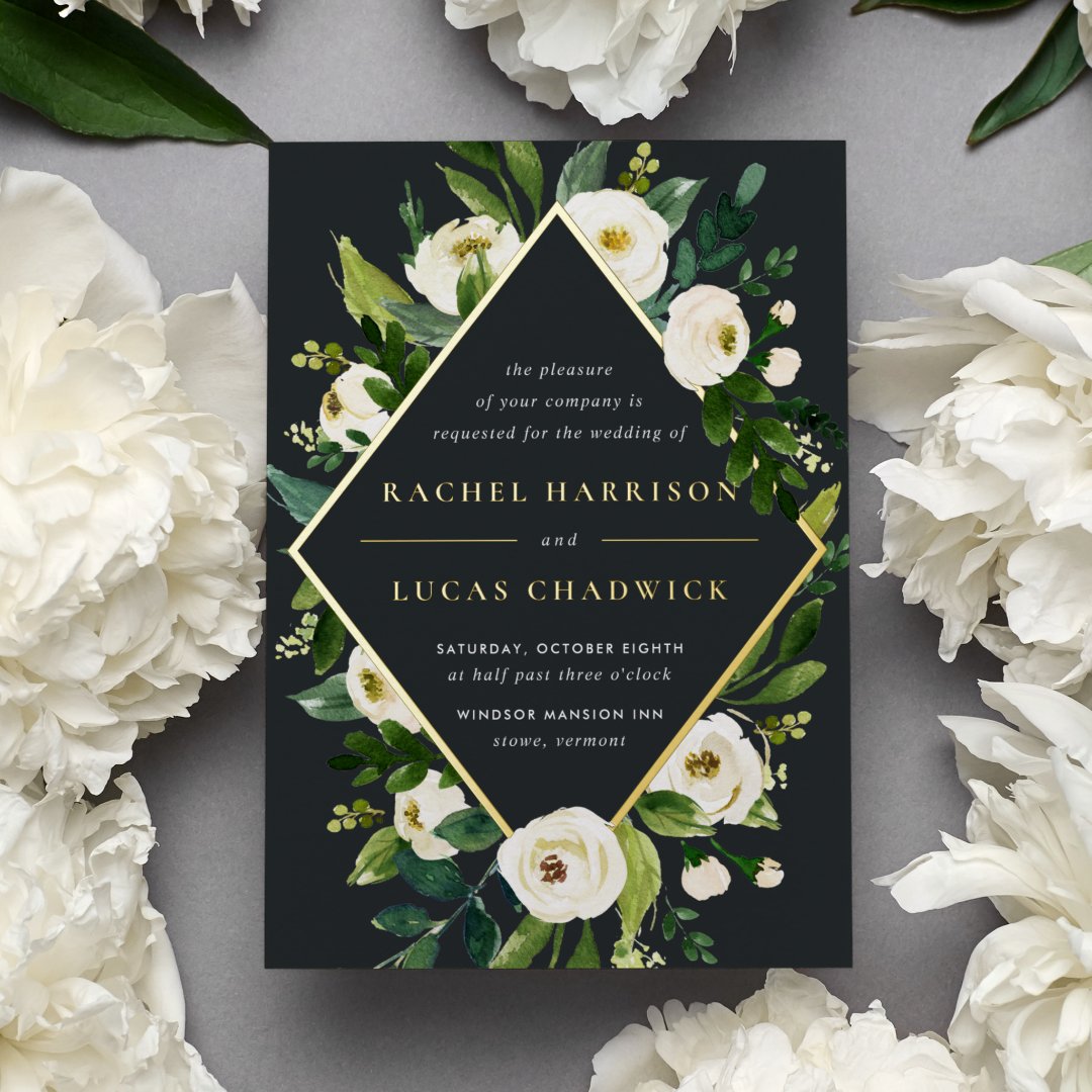 Alabaster | Green & White Floral Frame Wedding Foil Invitation