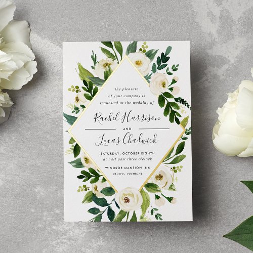Alabaster  Green  White Floral Frame Wedding Foil Invitation