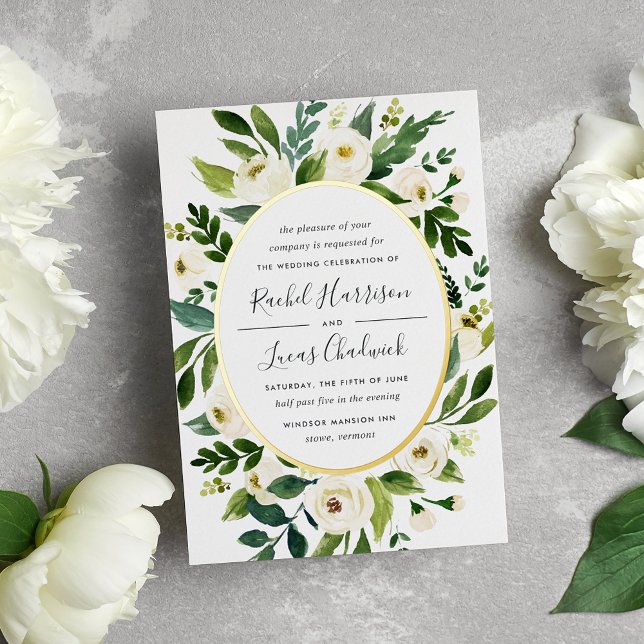 Alabaster | Green & White Floral Frame Wedding Foil Invitation (Creator Uploaded)