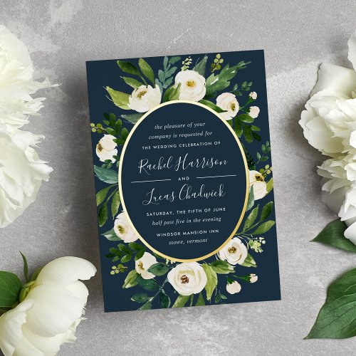 Alabaster  Green  White Floral Frame Wedding Foil Invitation