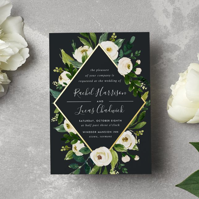 Alabaster | Green & White Floral Frame Wedding Foil Invitation (Creator Uploaded)