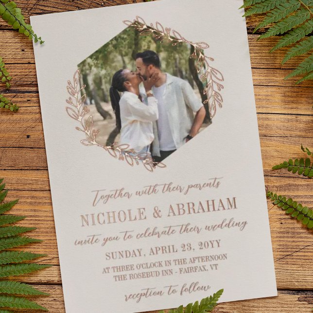 Alabaster Hexagon Rose Gold Wreath Photo Wedding Foil Invitation (Creator Uploaded)