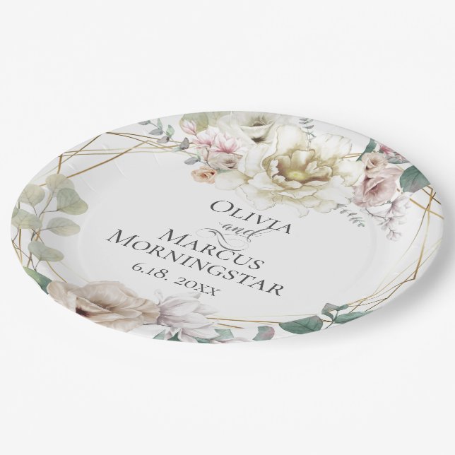 Alabaster  Magnolia and Peony Summer Wedding Paper Plates (Angled)