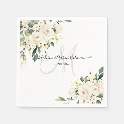 Alabaster Roses Monogram Floral Watercolor Napkins