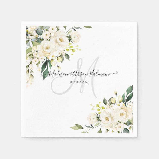 Alabaster Roses Monogram Floral Watercolor Napkins (Front)