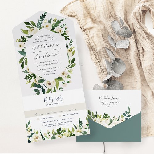 Alabaster  White Floral Frame Wedding All In One Invitation