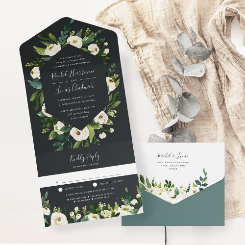 Alabaster  White Floral Frame Wedding All In One Invitation