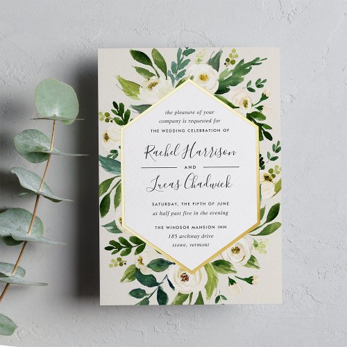 Alabaster  White Floral Frame Wedding Foil Invitation