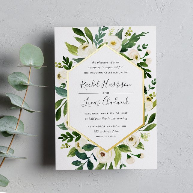Alabaster | White Floral Frame Wedding Foil Invitation (Creator Uploaded)