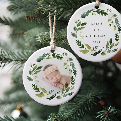 Alabaster Wreath Baby Photo Christmas Ceramic Ornament