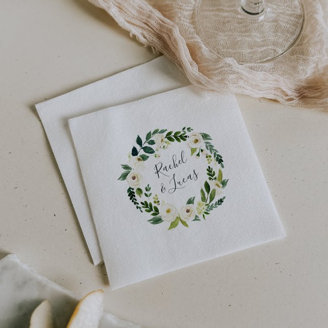 Alabaster Wreath | Botanical Personalized Wedding Paper Napkins (Creator Uploaded)
