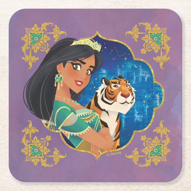 Aladdin | Jasmine And Raja Jewelled Graphic Square Paper Coaster (Front)