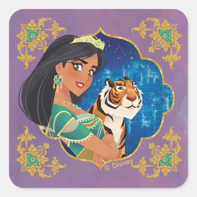 Aladdin | Jasmine And Raja Jewelled Graphic Square Sticker (Front)