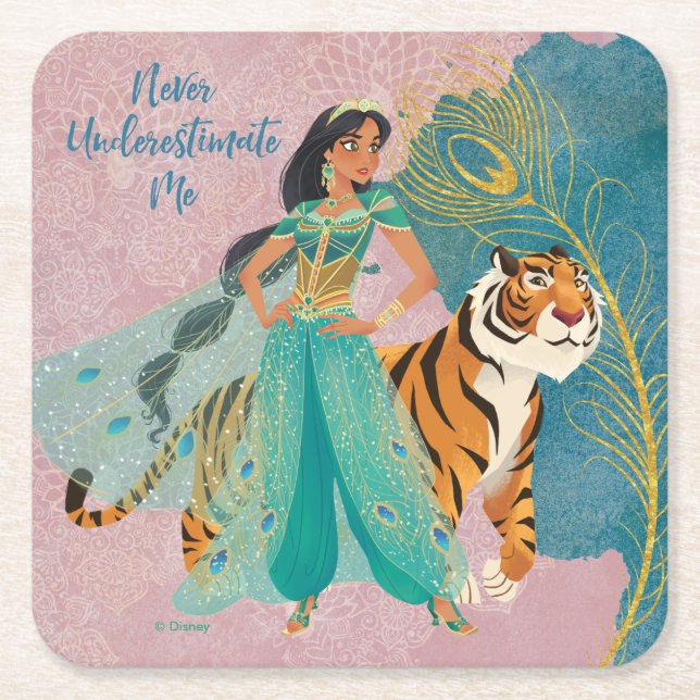 Aladdin | Jasmine & Raja "Never Underestimate Me" Square Paper Coaster (Front)