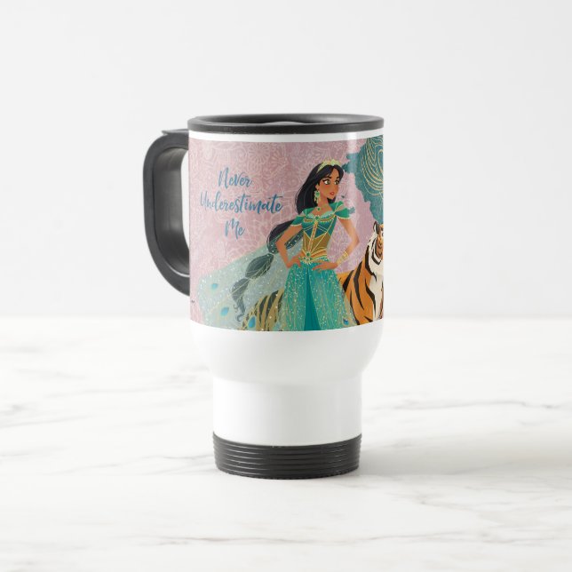 Aladdin | Jasmine & Raja "Never Underestimate Me" Travel Mug (Front Left)
