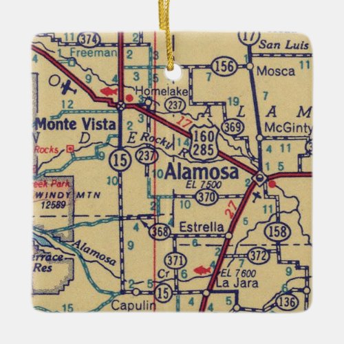 Alamosa CO Vintage Map Ceramic Ornament