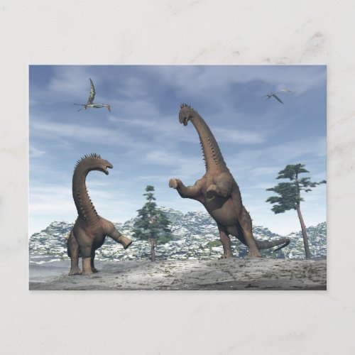Alamosaurus dinosaurs fight _ 3D render Postcard