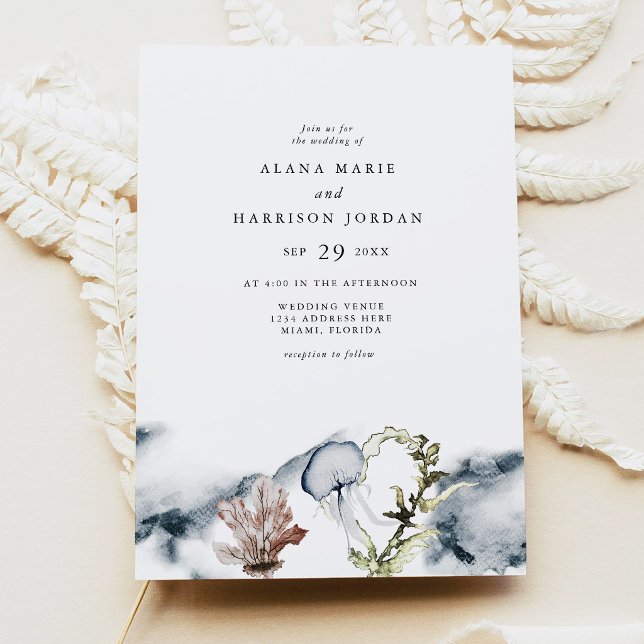 ALANA Tropical Ocean Coral Jelly Fish Beach Photo Invitation (Tropical Ocean Coral and Jellyfish Wedding Invitation for Destination Beach Event)