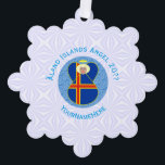 Åland Islands Flag Angel Personalized Ornament Card<br><div class="desc">On these personalized paper ornament cards, an angel wears the flag of the Åland Islands and flies in the center of a digitally created, textured, blue, fractal circle. The primary colors in this design are blue and white, chosen with Hanukkah in mind. Blue letters read ÅLAND ISLANDS ANGEL and make...</div>