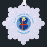 Åland Islands Flag Angel Personalized Ornament Card<br><div class="desc">On these personalized paper ornament cards, an angel wears the flag of the Åland Islands and flies in the center of a digitally created, textured, blue, fractal circle. The primary colors in this design are blue and white, chosen with Hanukkah in mind. Blue letters read ÅLAND ISLANDS ANGEL and make...</div>
