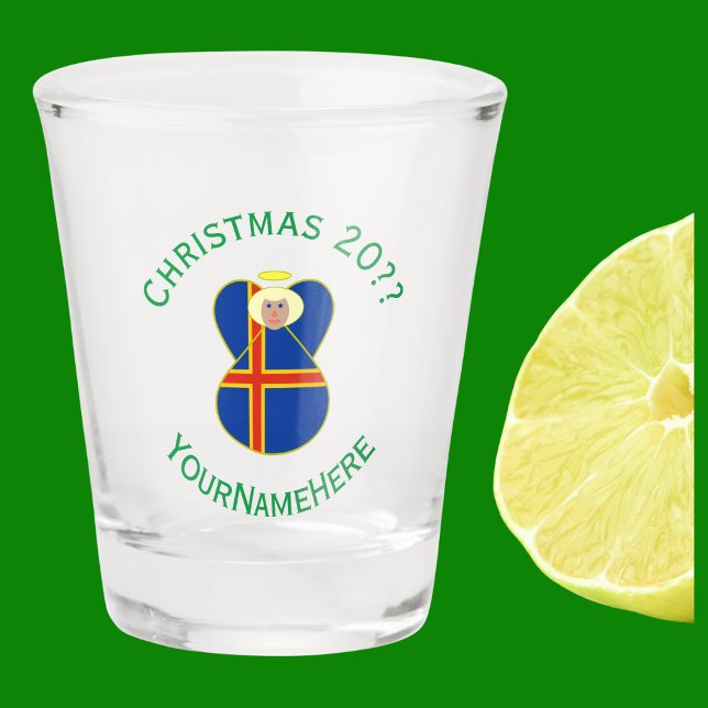 Ålander Angel Christmas Flag Personalized  Shot Glass (Christmas angel wears the Åland Islands Flag. Green text for holiday, year, and name.)