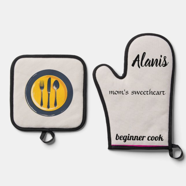 Alanis mom's sweetheart beginner cook oven mitt & pot holder set (Front)
