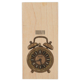 Alarm clock cartoon illustration wood flash drive
