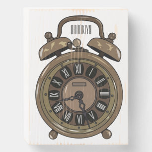 Alarm clock cartoon illustration wooden box sign