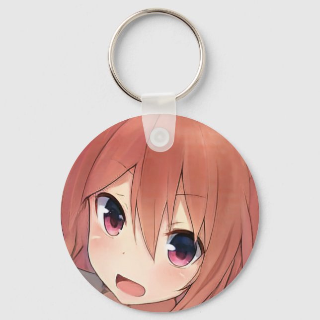 Alarmed anime girl redhead amber eyes kitty voices keychain (Front)