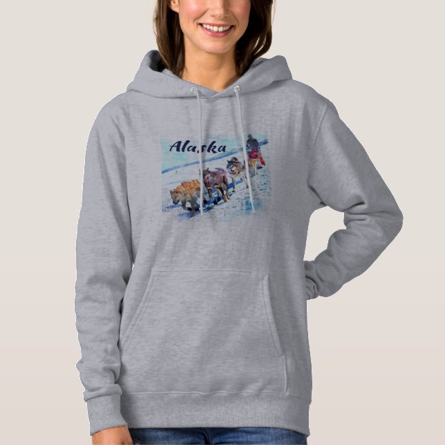 Alaska (AK) A sled dog team Watercolor painting Hoodie (Front)
