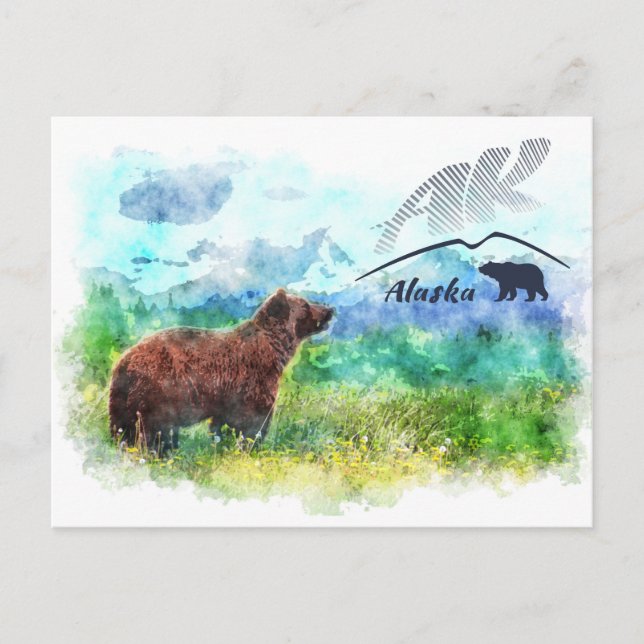 Alaska (AK) Kodiak brown bear. Watercolor painting Postcard (Front)