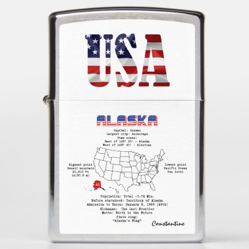 Alaska American state on a map and useful info Zippo Lighter