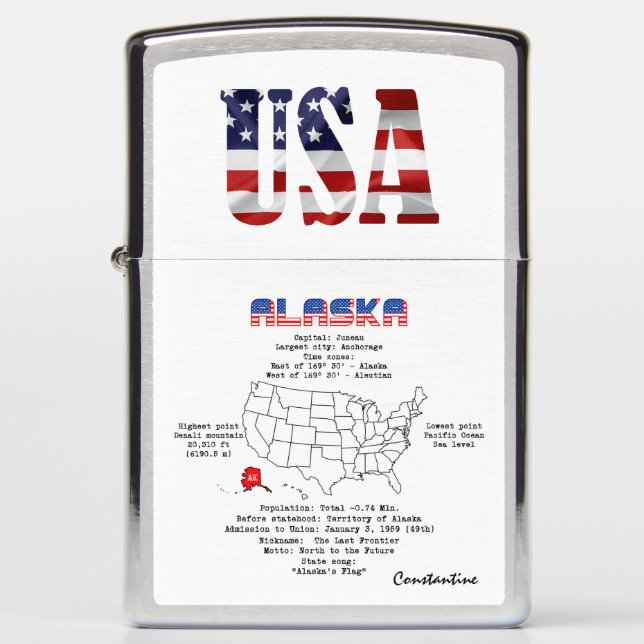 Alaska American state on a map and useful info Zippo Lighter (Front)
