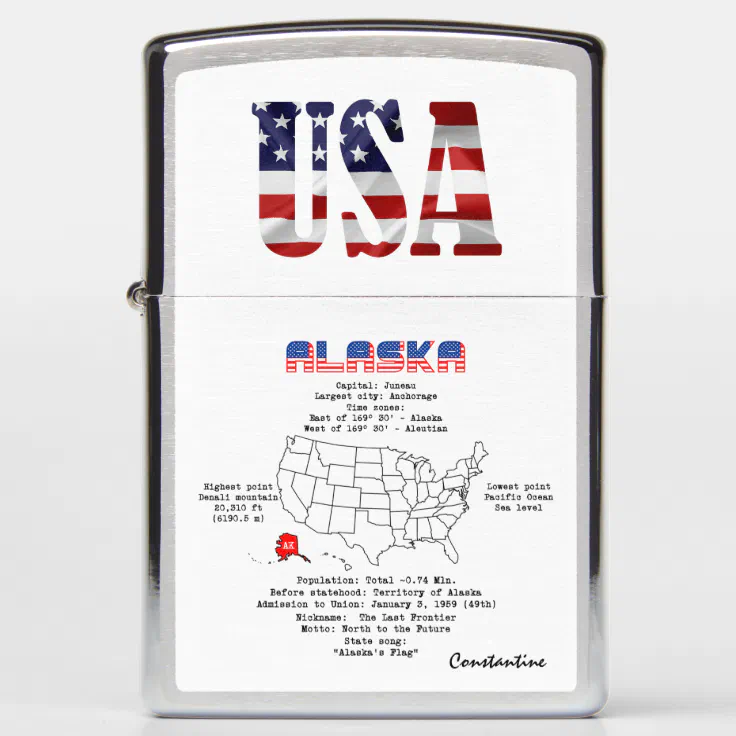 Alaska American state on a map and useful info Zippo Lighter | Zazzle