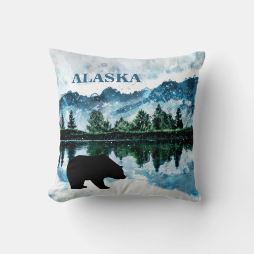 Alaska Bear Watercolor Mountains Landscape Throw Pillow