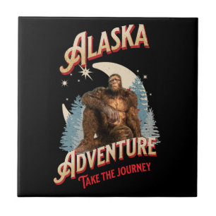 Alaska Bigfoot Adventure Retro Wilderness Art Ceramic Tile