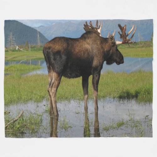 Alaska Bull Moose Antler Rack Outdoor Scene Photo Fleece Blanket