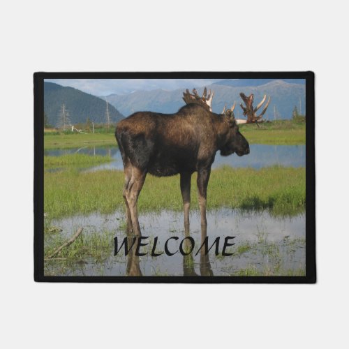 Alaska Bull Moose with Rack Horns Welcome Doormat