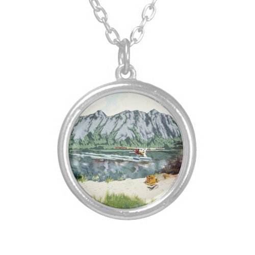 Alaska Bush Plane And Fishing Travel Silver Plated Necklace