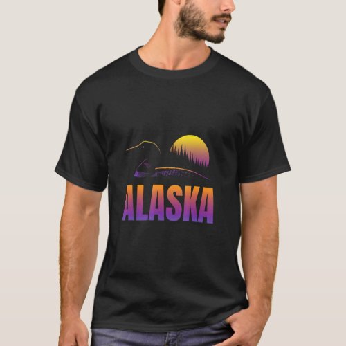 Alaska Colorful Alaskan Sunset with Loon and Fores T_Shirt