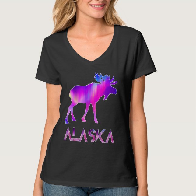 Alaska Day Moose Aurora Borealis At Night T-Shirt (Front)