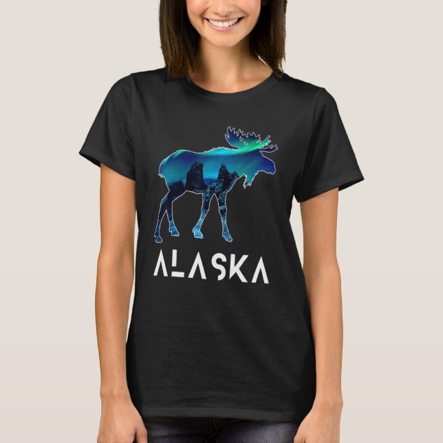 Alaska Day Moose Aurora Borealis Northern Lights T-Shirt (Front)