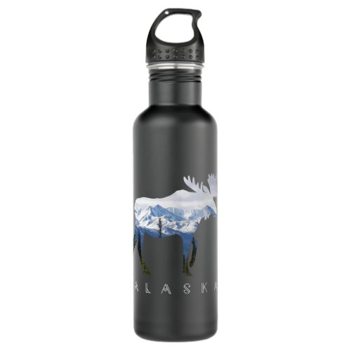 Alaska Day Moose Snowy Mountain _ Alaskan Tourist  Stainless Steel Water Bottle